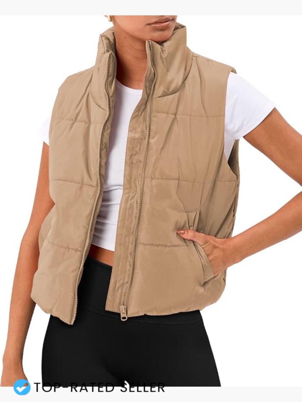 Quilted Puffer Vest Cropped Lightweight Sleeveless Zip-Up Fall Winter Layering